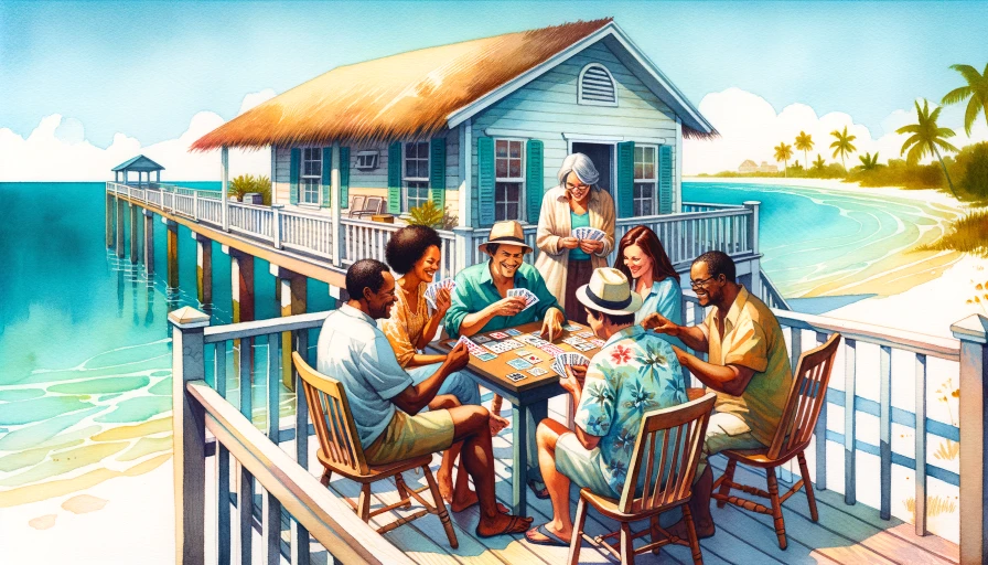 watercolor of people playing cards on porch, beach house, ocean in distance, laughter, fun