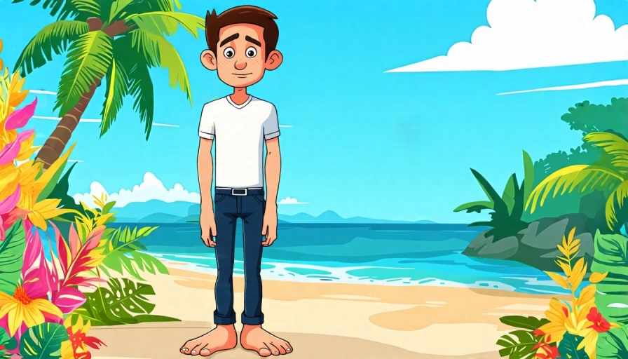 Standing Cartoon Skinny guy with giant bare feet