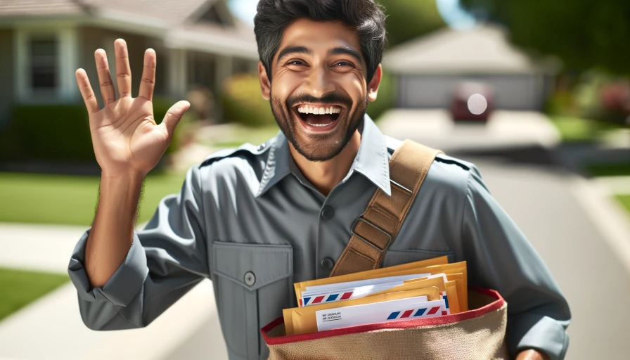 An extremely happy mail man delivering mail