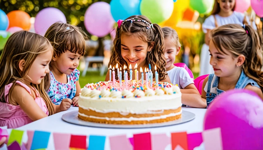 Kids' birthday party with big huge oversized cake