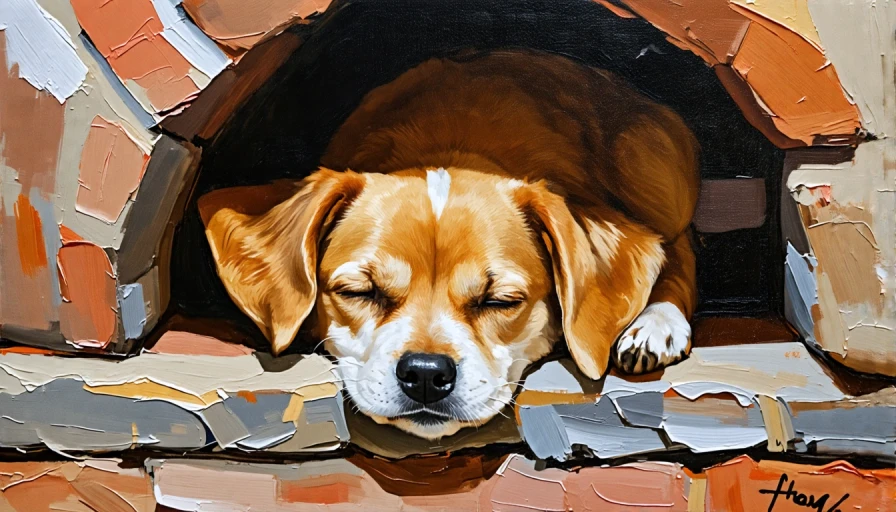 Painting of a small dog sleeping in a cozy nook