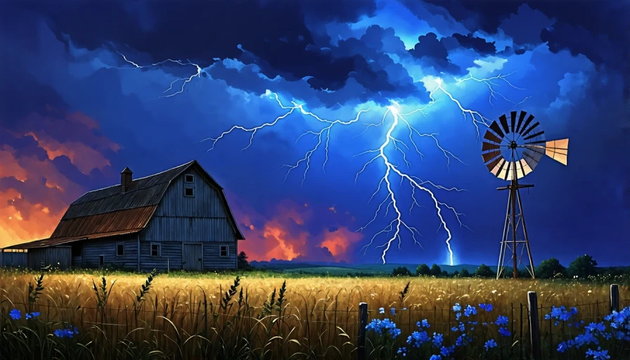 Painting of a thunderstorm at night. Barn and windmill in distance