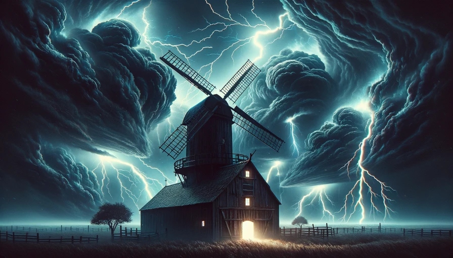 Thunderstorm at night, windmill and barn