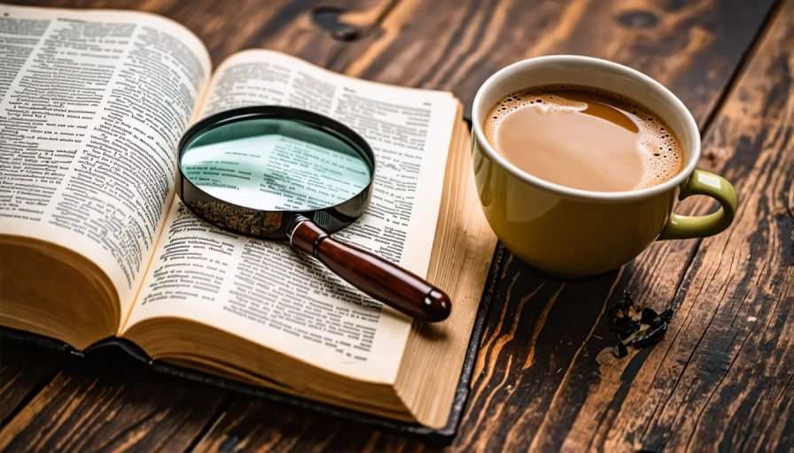 An open Bible on a table, magnifying glass, cup of coffee