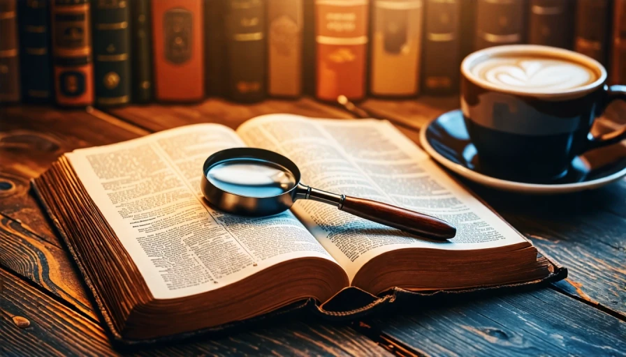 An open Bible on a table, magnifying glass, cup of coffee. Image should be darker at top and lighter about 50% of the way down