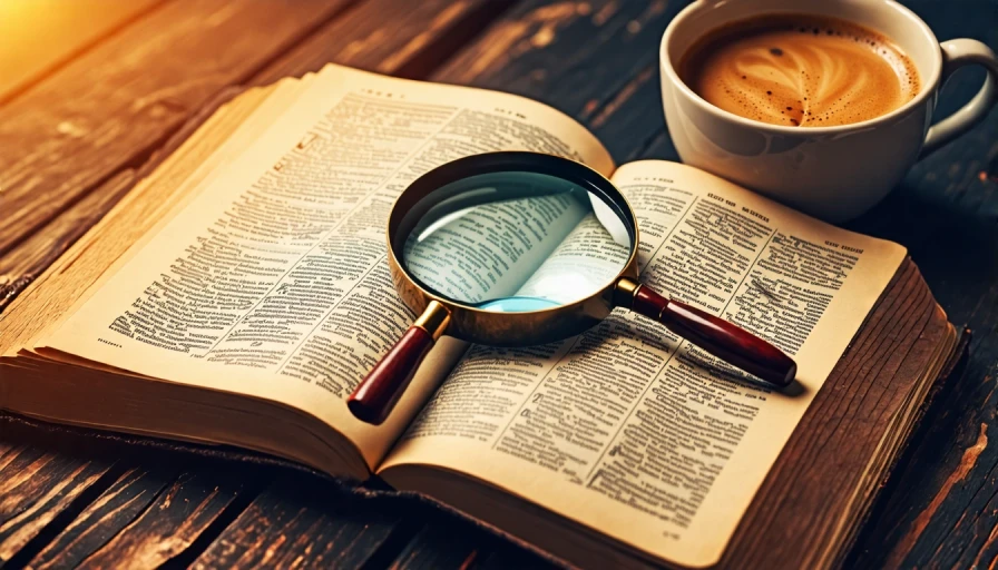 An open Bible on a table, magnifying glass, cup of coffee. Image should be darker