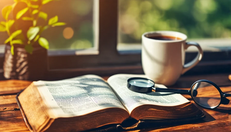 An open Bible on a table, magnifying glass, cup of coffee. Image should be dimly lit