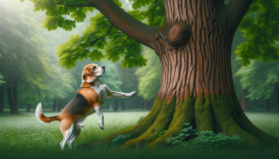 Dog peeing on a tree