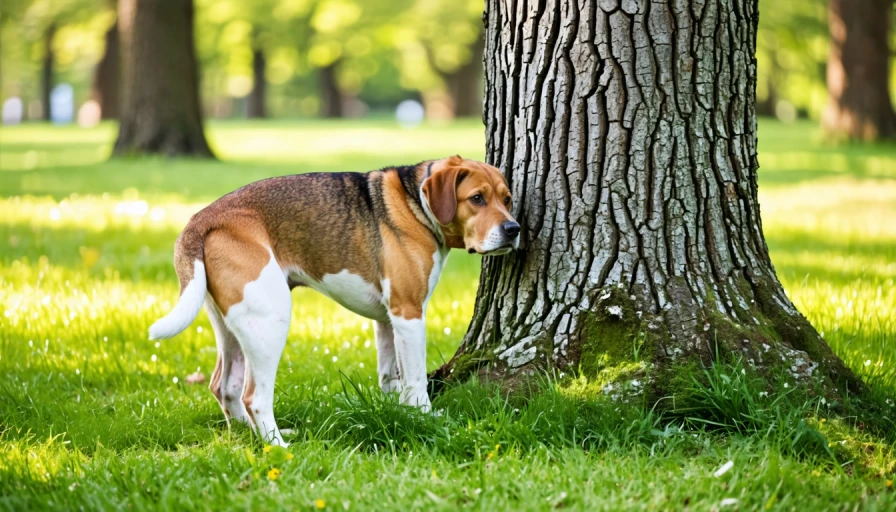 Dog peeing on a tree