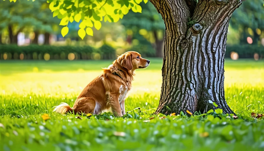 Dog peeing on a tree