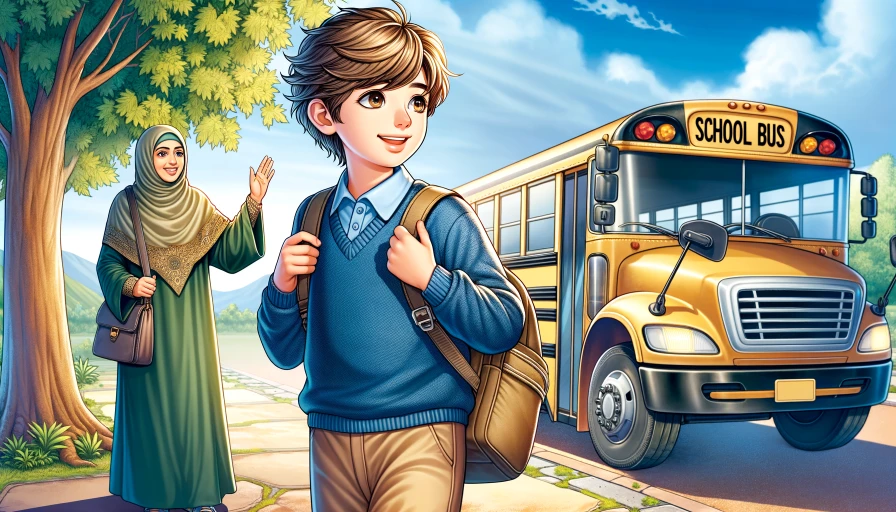 Painting of a child getting onto a school bus