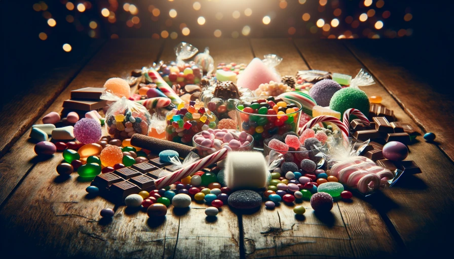 A table with many candies on top