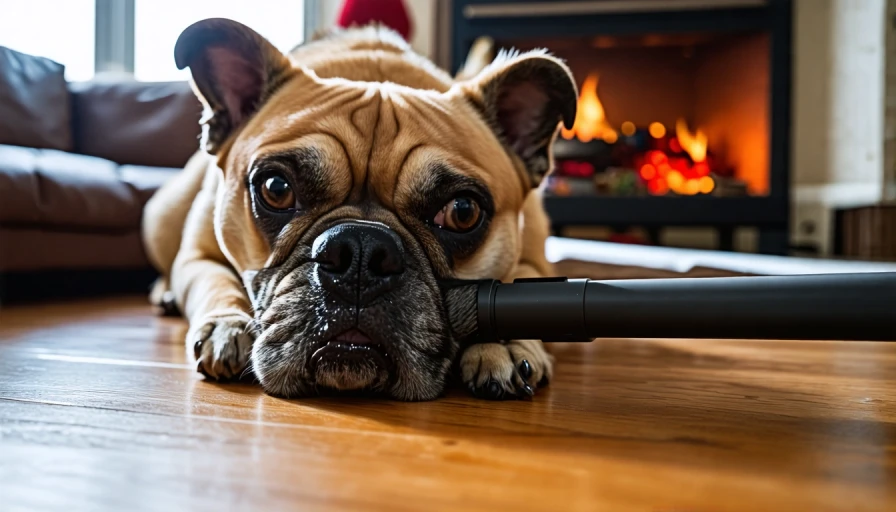 Evil vacuum cleaner terrorizing dog