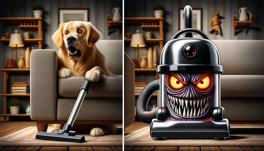 Evil vacuum cleaner terrorizing dog