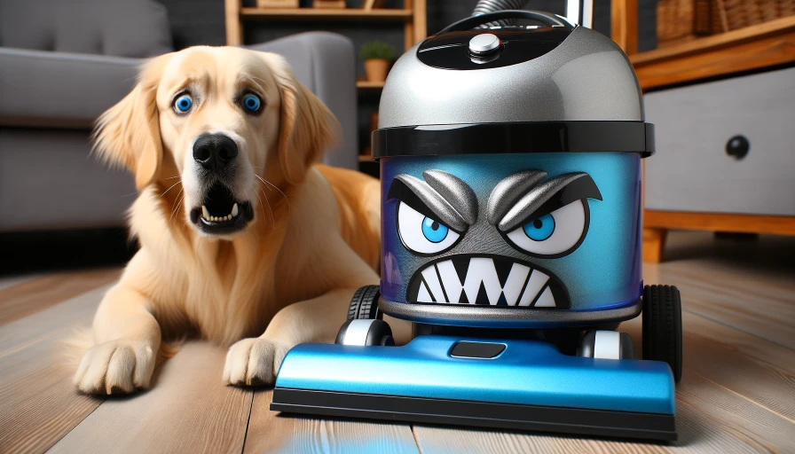 Evil vacuum cleaner terrorizing dog