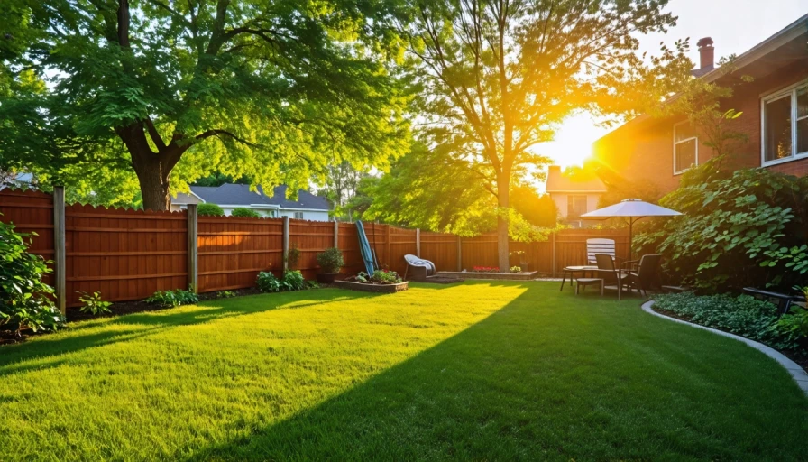 Early morning sun in suburban backyard