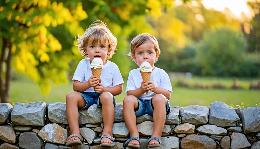 Two kids sitting on a short stone wall while eating ice cream cones