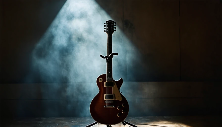 guitar on guitar-stand. Dark, stark lighting with contrast