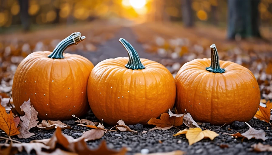 3 pumpkins on ground with leaves