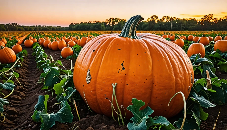 A massive oversized pumpkin in a pumpkin field at twilight