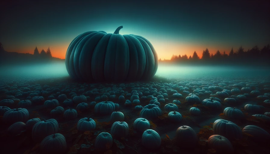 A massive oversized pumpkin in a pumpkin field at twilight