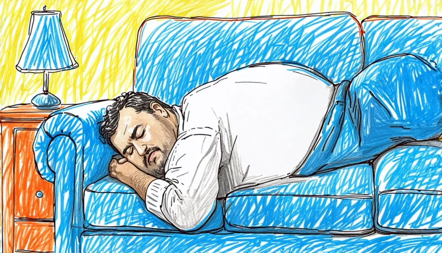 crayon drawing of a fat guy sleeping on a couch. Snooring, crumbs of food on belly, arm hanging off of couch