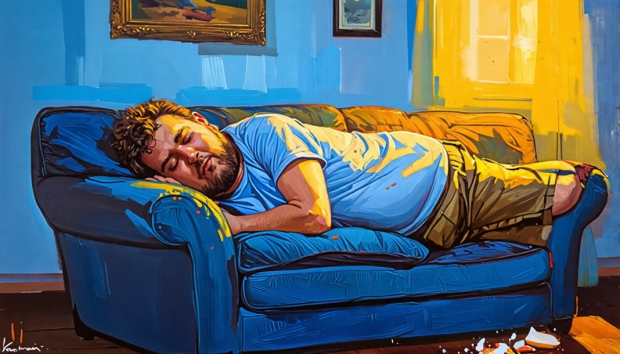 Painting of a fat guy sleeping on a couch. Snooring, crumbs of food on belly, arm hanging off of couch