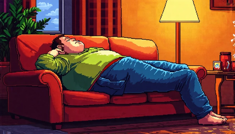 Pixel art of a fat guy sleeping on a couch.