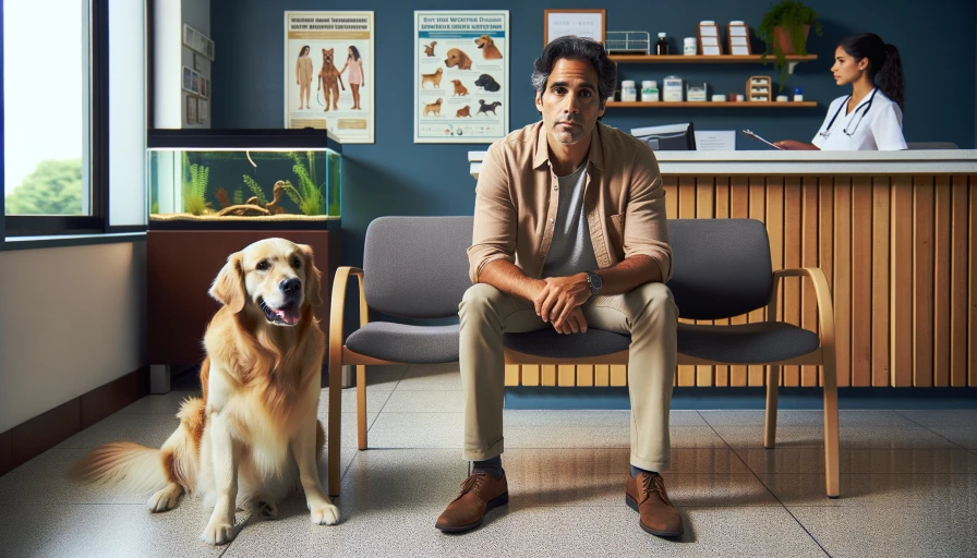 Man and dog waiting in vet office