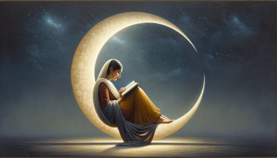 Painting of a lady reading a book while nestled in a Cresent moon