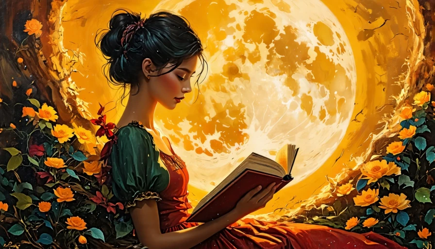 Painting of a lady reading a book while nestled in a Cresent moon