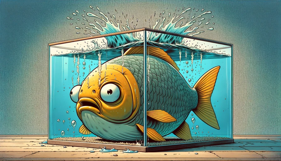 A cartoon fish in a tank. Fish should be so large that it barely fits. Water dripping out of top of tank