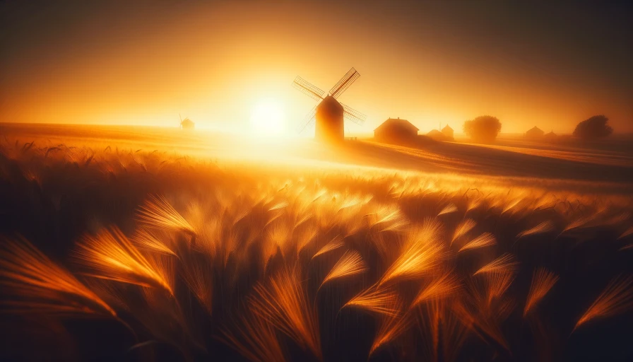 A wheat field at sunset with a windmill off in the distance. Image should be soft with yellow and orange lighting