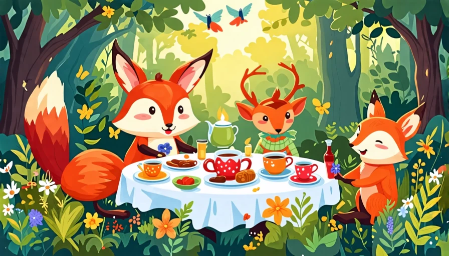 A Cozy Tea Party in a Fairy Tale Forest. Cartoon. Woodland creatures.