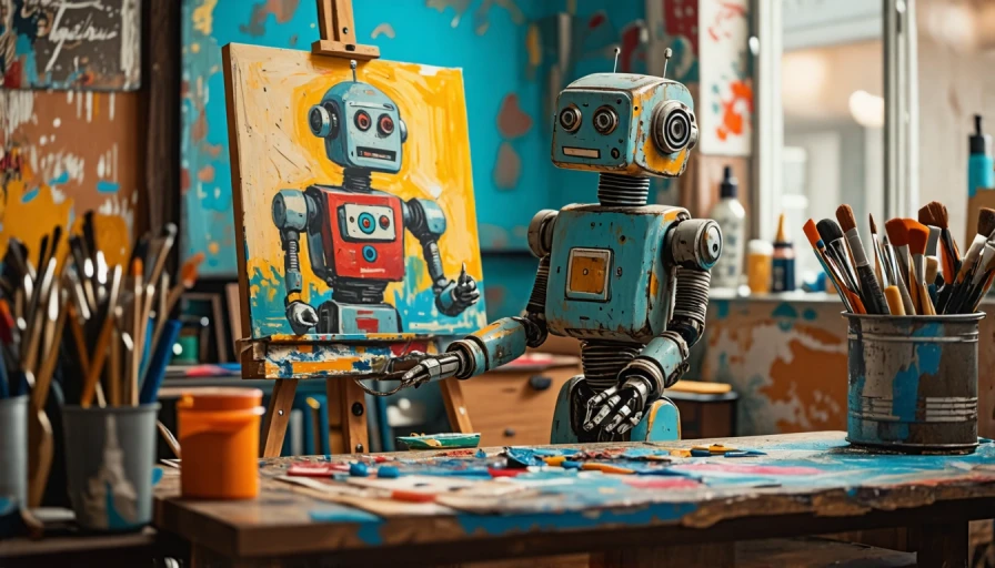 A Playful Robot Painting a Portrait in a Vintage Art Studio