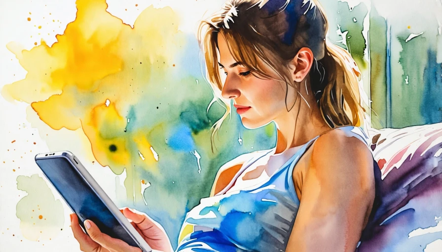 Water color painting of a lady reading an iPad