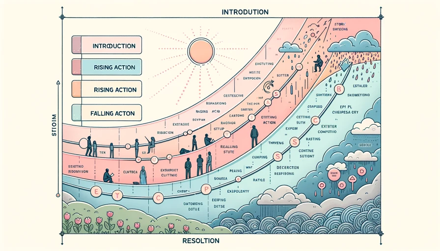 A visual representation of a story arc, showing the progression from introduction to climax to resolution, with text snippets illustrating a narrative.