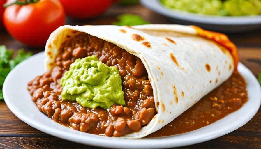 Close up of a burrito on a plate, refried beans, guacamole, nice table