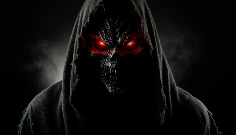 A big scary halloween monster. Menacing red eyes, all black figure