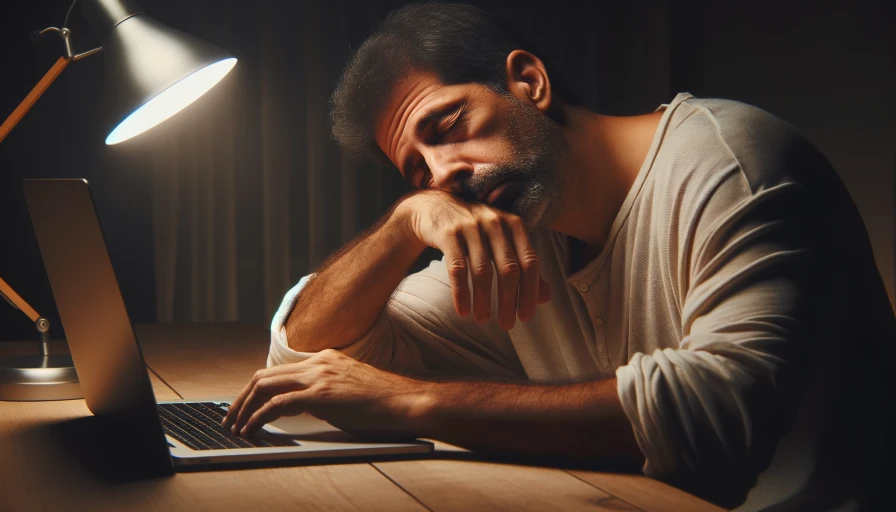 Really tired guy nodding off at desk, struggling to stay awake