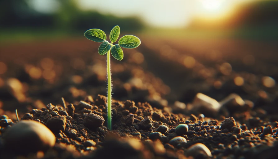 A thin plant growing tall and strong out of the dirt