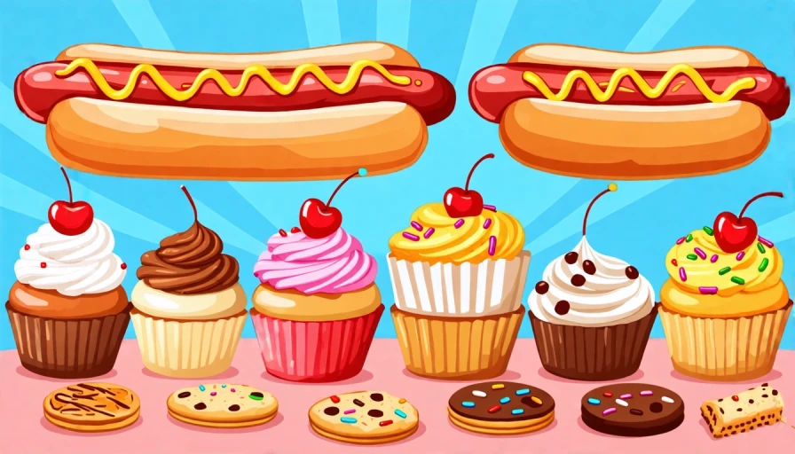 Cartoon Hot dog and multiple kinds of cookies and cupcakes