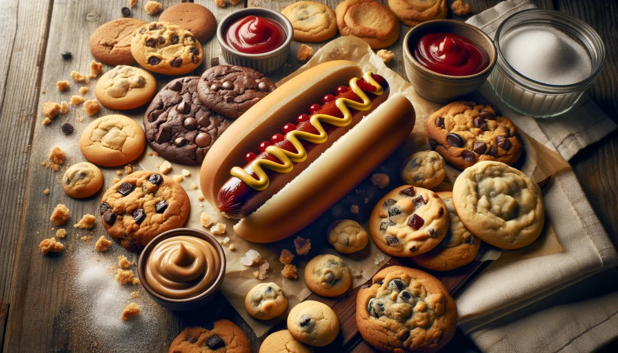 Hot dog and multiple kinds of cookies