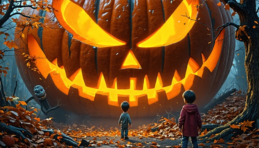 Big giant glaring jack o lantern staring down and tiny children