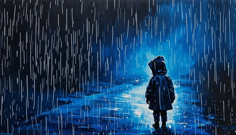 Painting of a dark rainy night, small child in raincoat