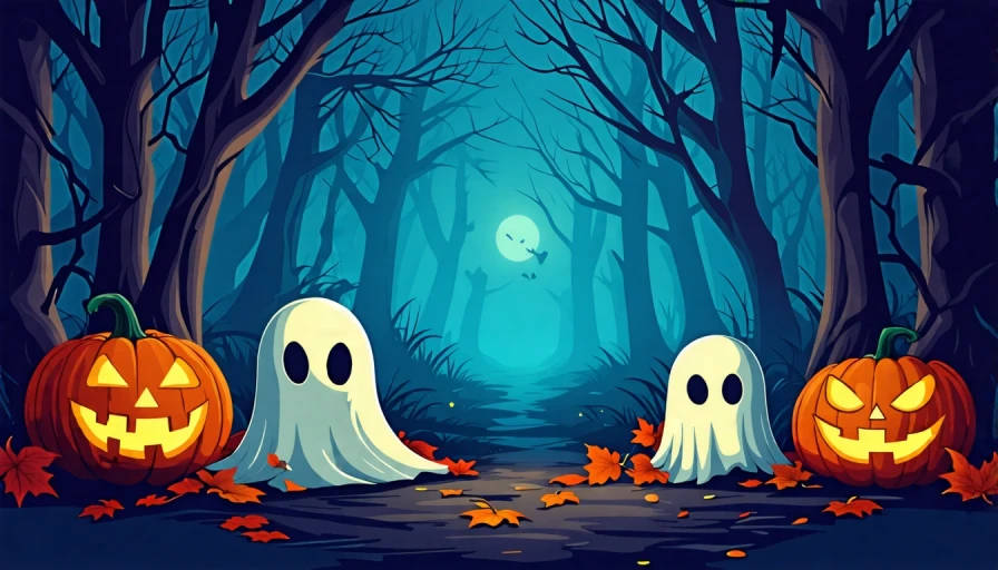 cartoon ghosts and jack-o-lanterns in dark woods at night