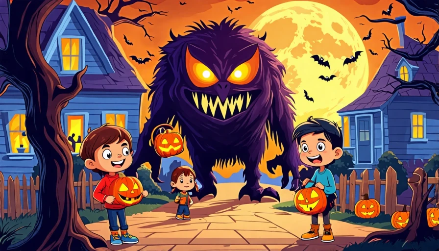 Cartoon kids trick or treating, and a big scary monster lurking behind them, ready to pounce