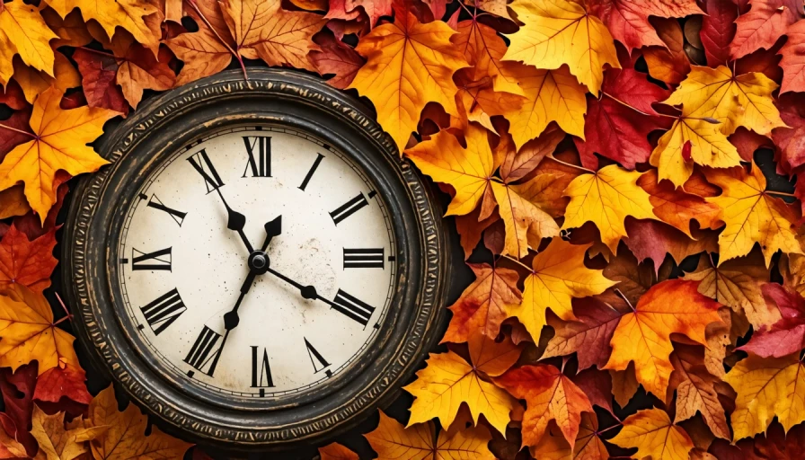 Clock with autumn leaves