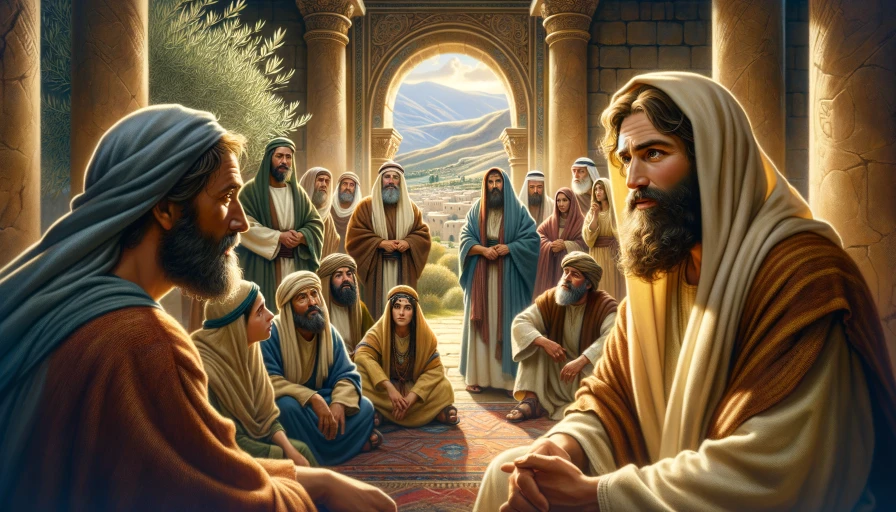 Jesus teaching in the temple with his family outside