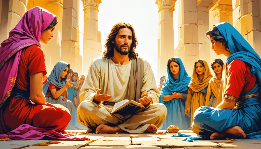 Jesus teaching in the temple with mother outside